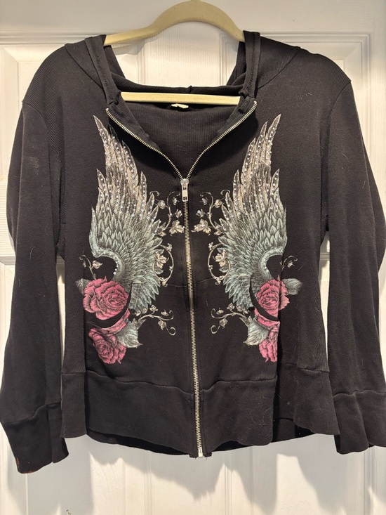Tops - Black Zip-Up Hoodie Wings & Roses Graphic Cropped Style Size Small